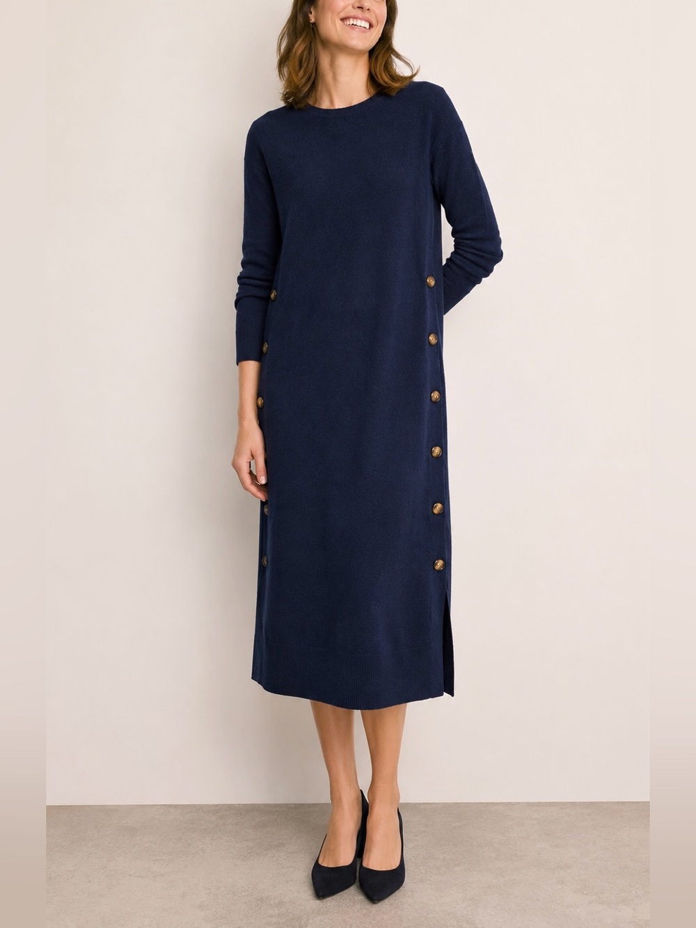 Boden Side Button Knit Midi Dress Cashmere Blend Navy US 8 UK 12